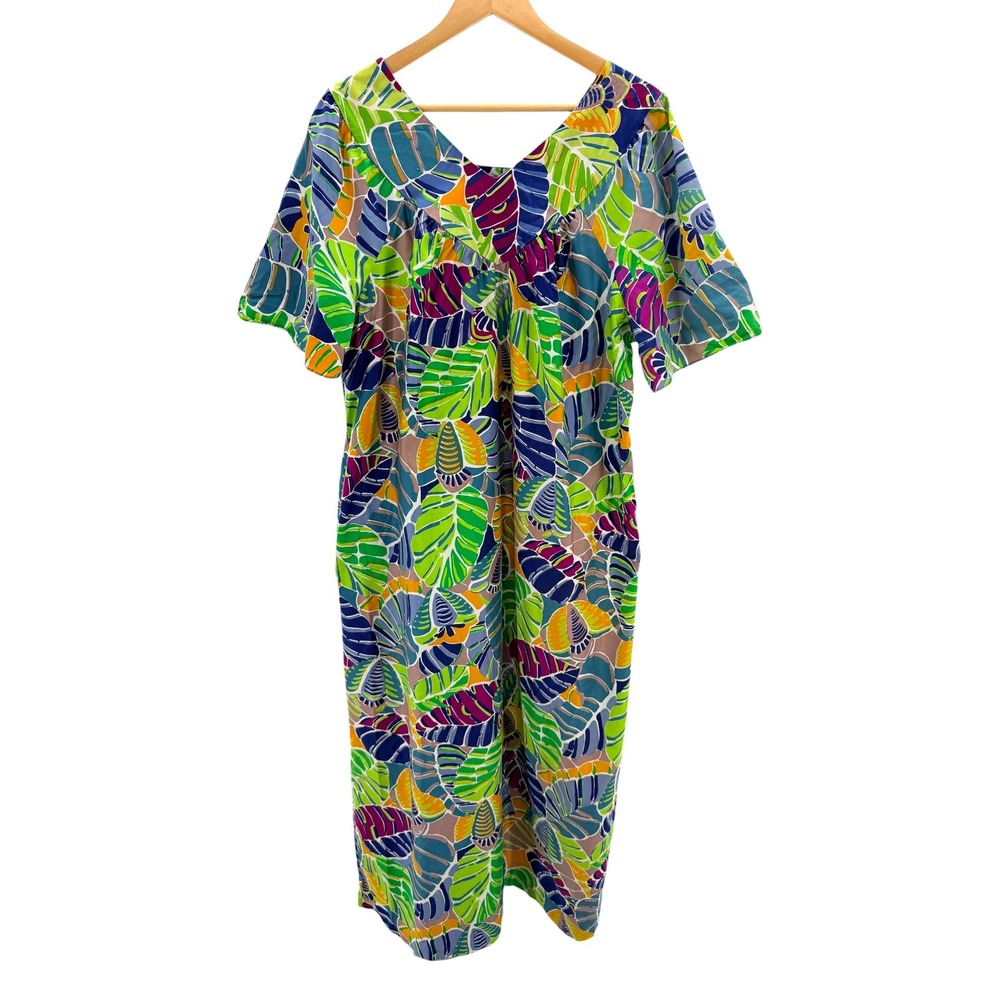 Vintage Sears Tropical Leaf Muumuu Dress Womens Medium M 100% Cotton Maxi Green